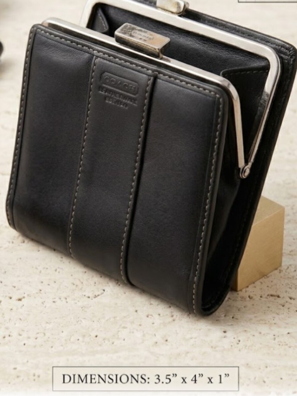Vintage Coach Black Leather Framed Coin Wallet Leatherware EST 1941 White Stitch